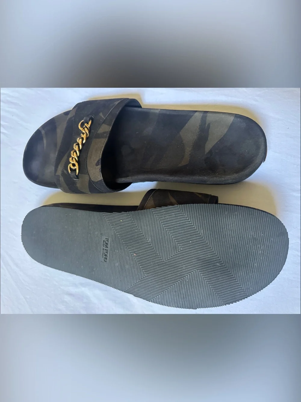 Tom Ford Gold Chain Accent Green Black Camouflage Men’s Slide Sandals Size 12T